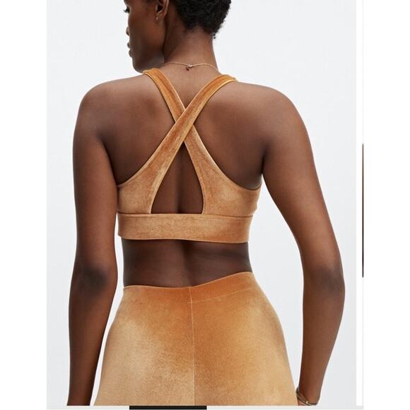 Fabletics Women’s Sz L Gold Oasis Twist Velour Crossback Sports Bra Comfy Pads - Picture 2 of 9